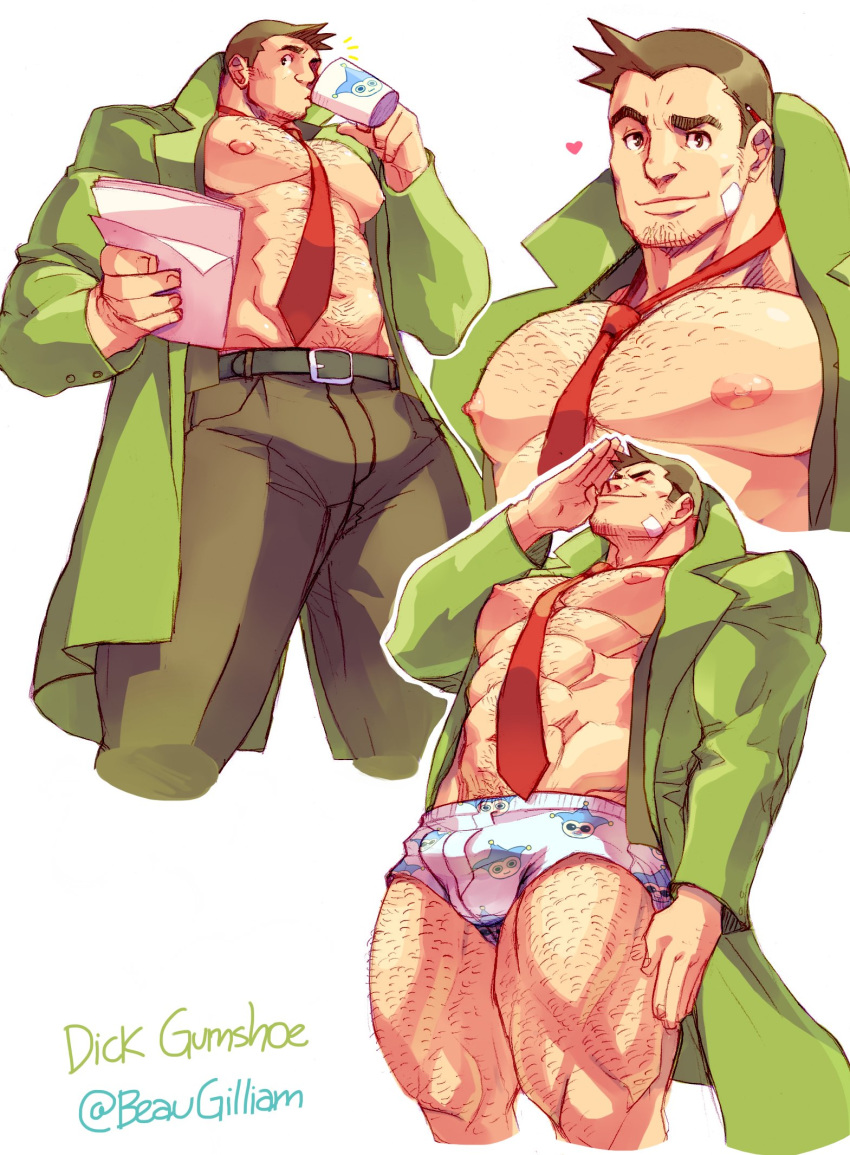 1boy abs bara bare_pectorals beaugilliam between_pectorals blue_badger boxers bulge bursting_pectorals character_name character_print coat commentary commission cropped_legs dick_gumshoe english_commentary facial_hair green_jacket green_pants gyakuten_saiban hairy highres jacket large_pectorals leg_hair male_focus male_underwear multiple_views muscular muscular_male navel navel_hair necktie necktie_between_pectorals nipples open_clothes open_coat pants pectorals print_male_underwear salute short_hair sideburns smile stubble thick_thighs thighs twitter_username underwear