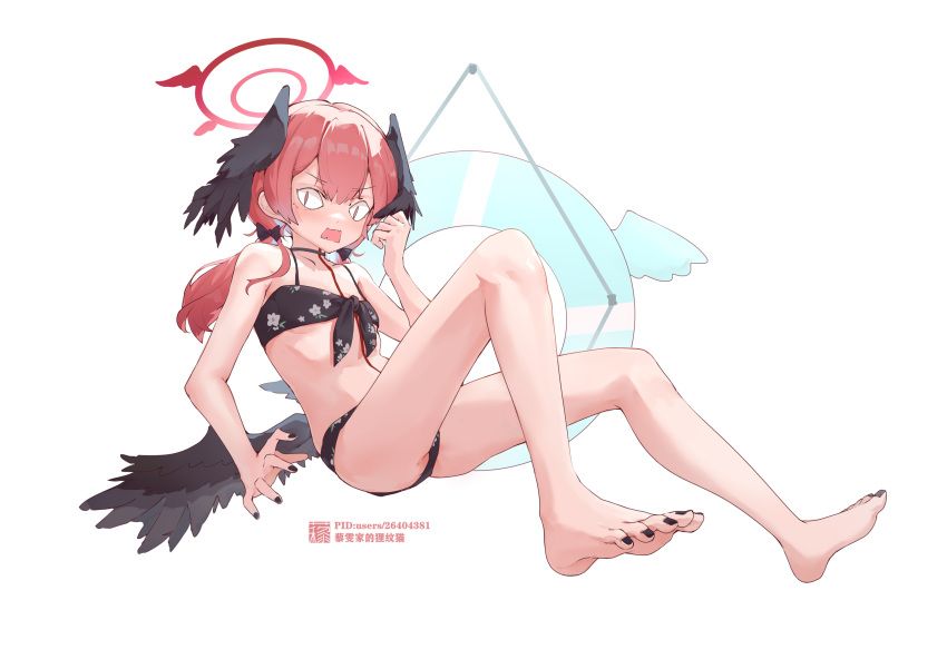 <|>_<|> absurdres barefoot bikini black_bikini black_bow black_nails black_wings blue_archive bow breasts commentary feathered_wings feet female floral_print front-tie_bikini_top front-tie_top hair_between_eyes hairbow halo head_wings highres knees_up koharu_(blue_archive) koharu_(swimsuit)_(blue_archive) liwendala long_hair low_twintails low_wings nail_polish official_alternate_costume open_mouth pink_hair pink_halo print_bikini simple_background sitting small_breasts soles solo spaghetti_strap swimsuit toenail_polish toenails toes twintails white_background wings