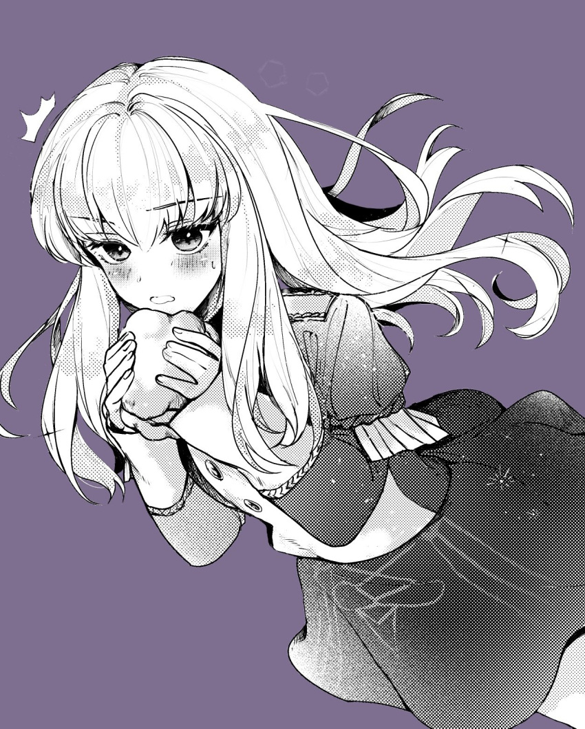 commentary_request eating epaulettes female fire_emblem fire_emblem:_three_houses garreg_mach_monastery_uniform greyscale_with_colored_background highres long_sleeves lysithea_von_ordelia monochrome nekolook open_mouth purple_background simple_background solo uniform