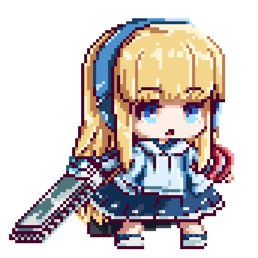 blonde_hair blue_eyes blue_hairband blue_skirt blunt_bangs chibi daidou_(yuyu_nerica) female freedom_wars full_body hairband highres holding holding_weapon long_hair medibang_paint_(medium) open_mouth pixel_art simple_background skirt solo standing weapon white_background