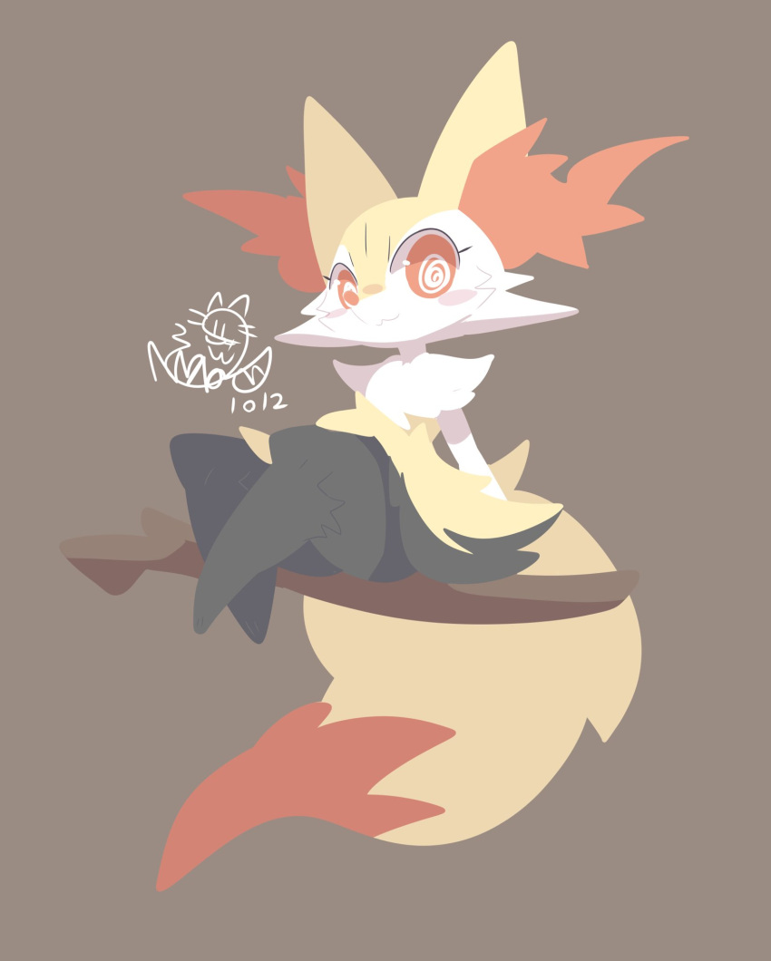 2021 :3 ambiguous_gender anthro black_body black_fur blush blush_stickers braixen brown_back canid canine full-length_portrait fur generation_6_pokemon hi_res inner_ear_fluff mammal nintendo nyaswitchnya orange_eyes pokemon pokemon_(species) portrait riding solo spiral_eyes stick tuft white_body white_fur yellow_body yellow_fur