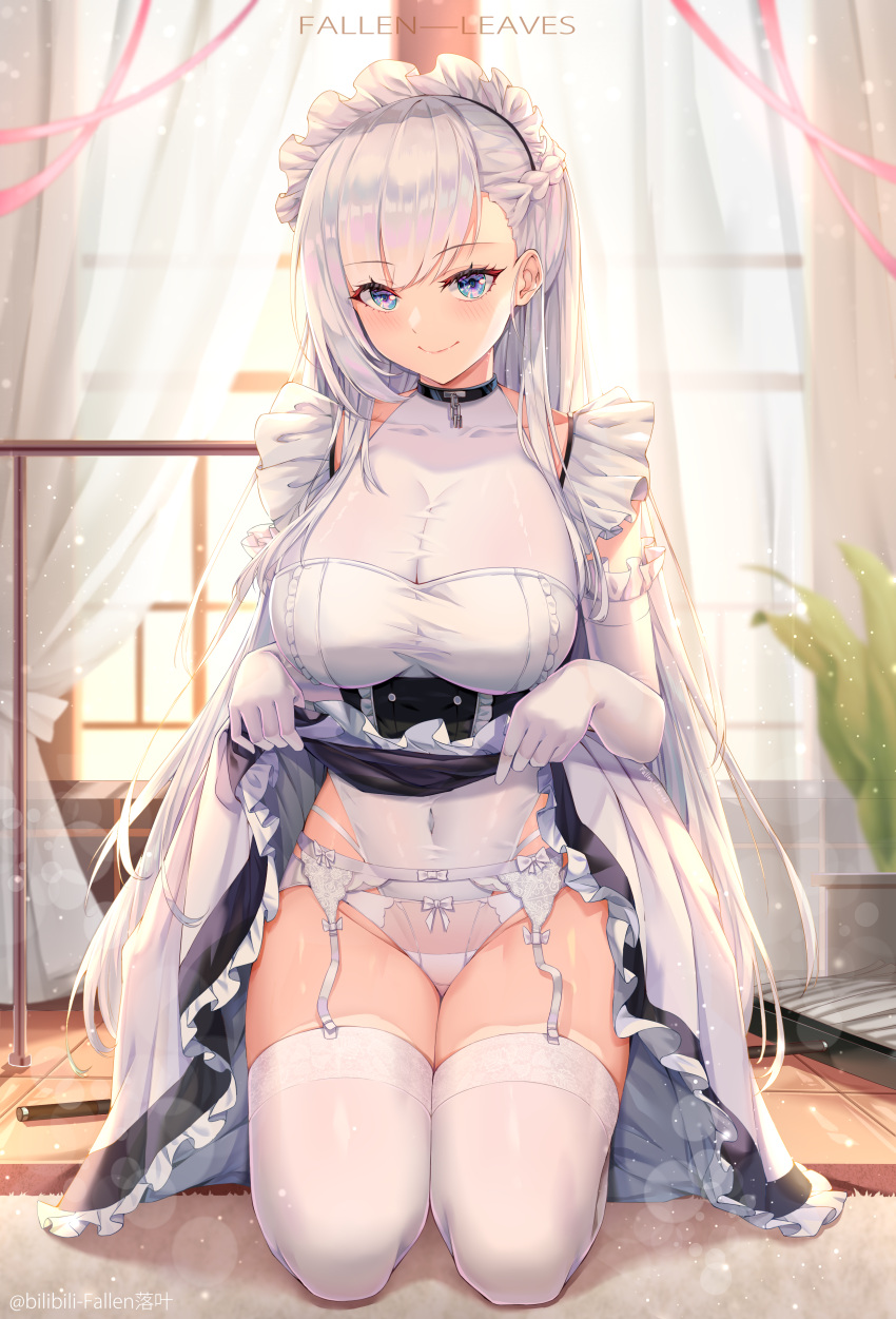 absurdres artist_name azur_lane belfast_(azur_lane) black_choker black_dress blue_eyes blush bow bow_panties braid breasts chinese_commentary choker cleavage closed_mouth clothes_lift collarbone commentary_request curtains day dress dress_lift elbow_gloves fallen-leaves female frilled_dress frills garter_belt gloves groin highres indoors kneeling large_breasts leotard leotard_under_clothes lifting_own_clothes light_particles long_hair looking_at_viewer maid_headdress midriff mop navel panties smile solo thighhighs underwear very_long_hair white_bow white_garter_belt white_gloves white_hair white_leotard white_panties white_thighhighs window