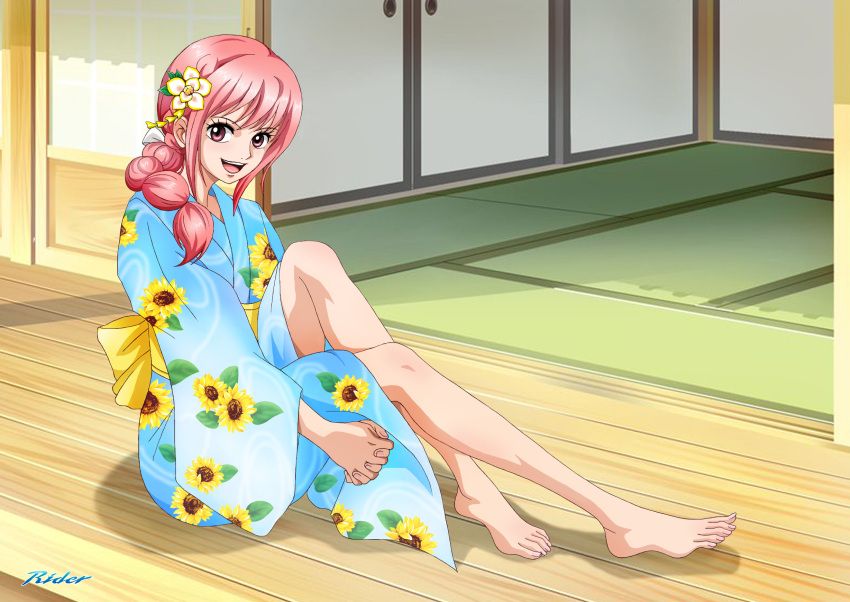 alternate_costume architecture artist_logo barefoot blue_kimono dated east_asian_architecture feet female floral_print flower hair_flower hair_ornament highres japanese_clothes kimono knee_up legs long_hair long_legs looking_at_viewer obi one_piece pink_eyes pink_hair ponytail rebecca_(one_piece) rider_(orange_couture) sash shadow sidelocks sitting smile solo teeth toes tongue upper_teeth_only yellow_sash yukata