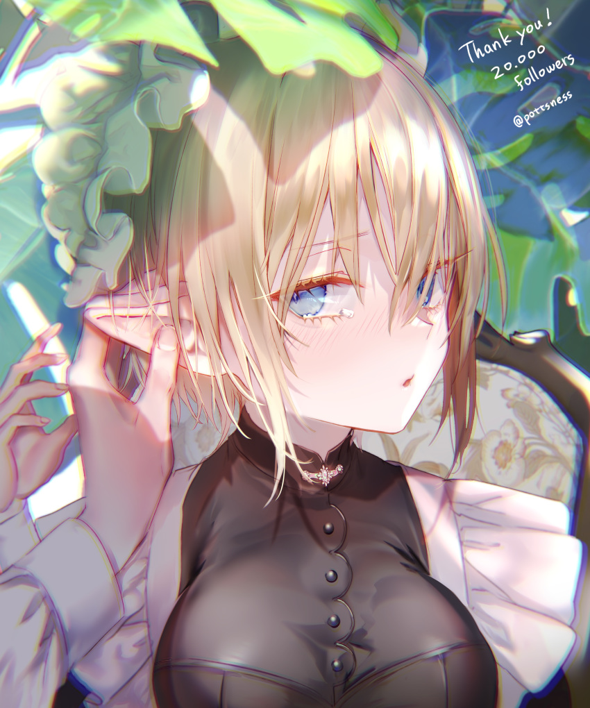 absurdres apron blonde_hair blue_eyes blush bonnet chair dress ear_fondling elf female hair_between_eyes highres long_sleeves maid milestone_celebration original parted_lips pointy_ears pottsness pov short_hair solo_focus tears thank_you twitter_username upper_body white_apron