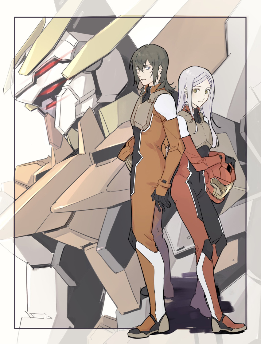 1boy allelujah_haptism black_hair brown_eyes extra_eyes forehead glowing glowing_eyes grey_eyes gundam gundam_00 gundam_00_a_wakening_of_the_trailblazer gundam_harute helmet highres holding holding_helmet long_hair marie_parfacy mecha mobile_suit nanao_parakeet normal_suit parted_bangs red_eyes robot science_fiction unworn_headwear unworn_helmet upper_body v-fin