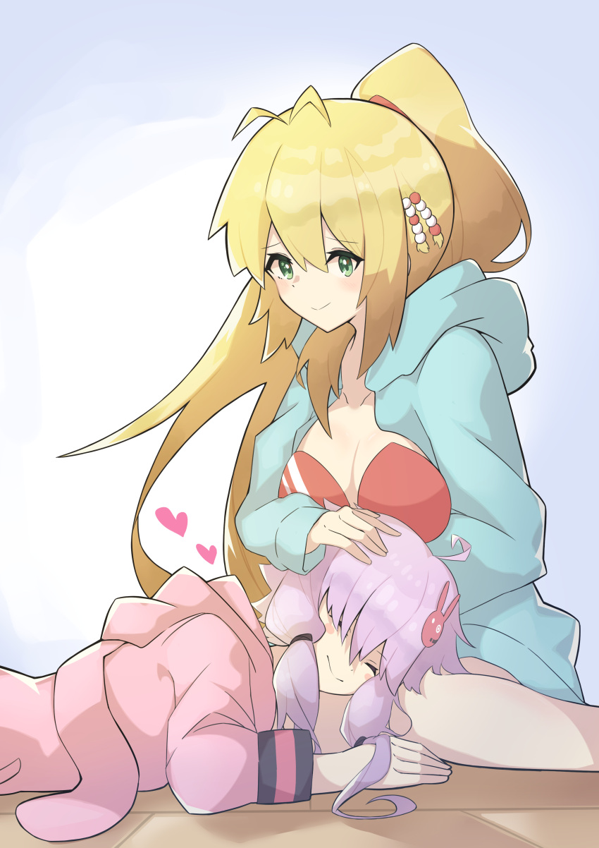 2girls absurdres animal_hood aqua_hoodie beads blonde_hair bra breasts closed_eyes commentary green_eyes hair_beads hair_ornament hand_on_another's_head heart highres hood hoodie kashisuover lap_pillow lying medium_breasts multiple_girls on_stomach pink_hoodie ponytail purple_hair rabbit_hair_ornament rabbit_hood red_bra sidelocks sitting smile tsurumaki_maki underwear voiceroid wariza wooden_floor yuri yuzuki_yukari