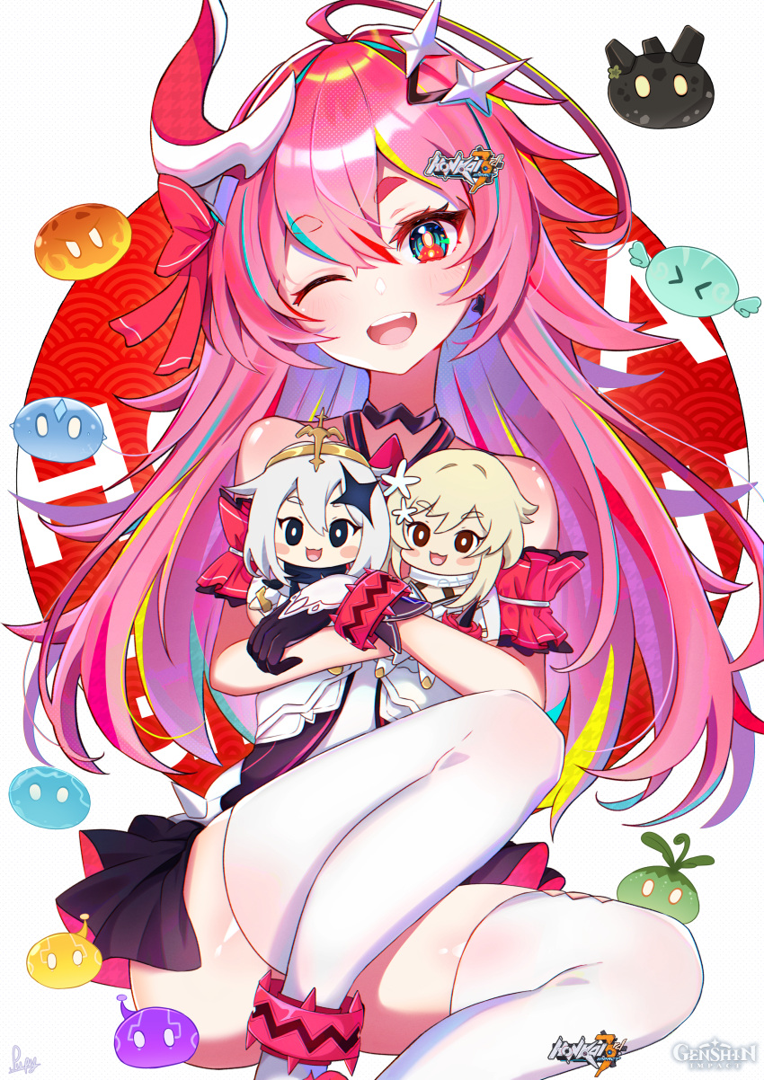 3girls :d absurdres alternate_eye_color bad_id bad_pixiv_id bare_shoulders black_gloves black_neckwear blonde_hair blush blush_stickers carrying carrying_person chibi company_connection crossover fangs flower genshin_impact gloves hair_flower hair_ornament hairpin halo highres honkai_(series) honkai_impact_3rd horns koga_aoi long_hair looking_at_viewer lumine_(genshin_impact) mihoyo multiple_girls one_eye_closed open_mouth paimon_(genshin_impact) pink_eyes pink_hair pupy_exe rozaliya_olenyeva scarf shiny_skin simple_background single_horn slime_(creature) slime_(genshin_impact) smile teeth thick_eyebrows thighhighs v-shaped_eyebrows voice_actor_connection white_background white_hair white_legwear white_scarf