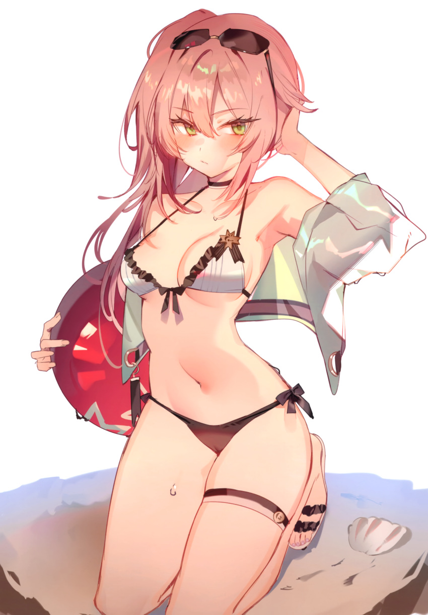 absurdres arm_up ball beachball bikini breasts cameltoe choker cleavage cropped_jacket eyewear_on_head female girls'_frontline green_eyes hair_between_eyes halterneck hand_in_own_hair highres jacket kneeling long_hair looking_at_viewer medium_breasts navel non-web_source off_shoulder official_alternate_costume open_clothes open_jacket pink_hair r93_(girls'_frontline) r93_(holiday_lucky_star)_(girls'_frontline) sandals scan seashell shell side-tie_bikini_bottom side_ponytail sidelocks simple_background solo soukou_makura sunglasses swimsuit thigh_strap white_background