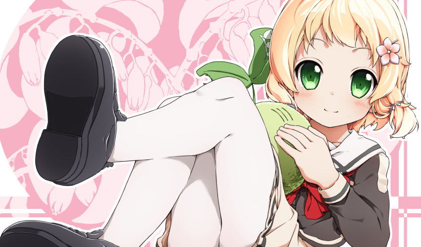 blonde_hair blush green_eyes inubouzaki_itsuki kigiri pantyhose pink school_uniform short_hair skirt yuuki_yuuna_wa_yuusha_de_aru