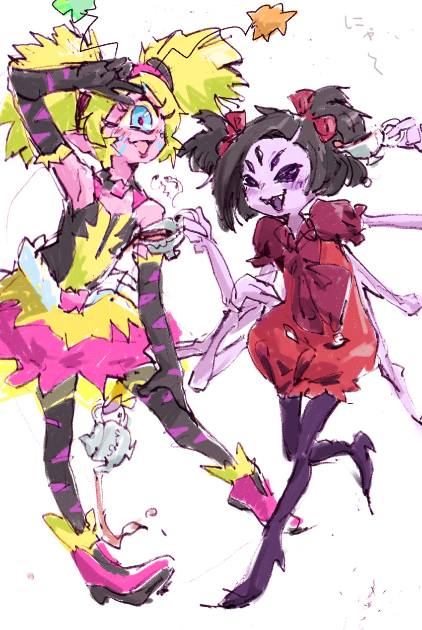 1_eye aiwarn anthro arachnid arthropod clothed clothing container cup cyclops duo female hi_res humanoid muffet multi_arm multi_eye multi_limb perokisu pretty_cure spider star_twinkle_pretty_cure tea_cup undertale undertale_(series)