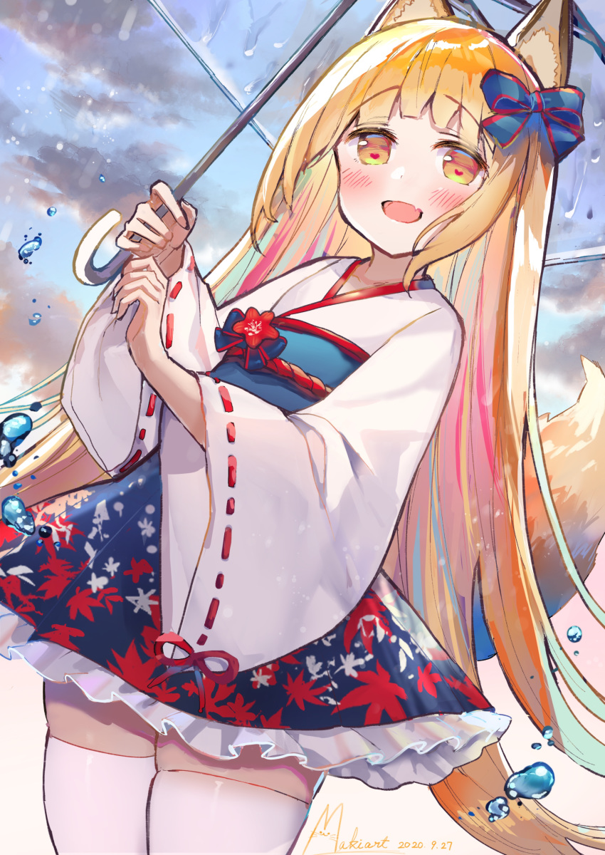 :d absurdres blonde_hair blue_bow blue_hair blue_skirt blush bow brown_eyes cloud commentary_request day dutch_angle female flower frilled_skirt frills hairbow heart heart-shaped_pupils highres holding holding_umbrella japanese_clothes kimono leaf_print long_hair long_sleeves looking_at_viewer makiaato multicolored_hair oerba_yun_fang open_mouth original outdoors pink_hair print_skirt rain red_flower ribbon-trimmed_sleeves ribbon_trim skindentation skirt smile solo streaked_hair symbol-shaped_pupils thighhighs transparent transparent_umbrella umbrella very_long_hair water_drop white_kimono white_thighhighs wide_sleeves