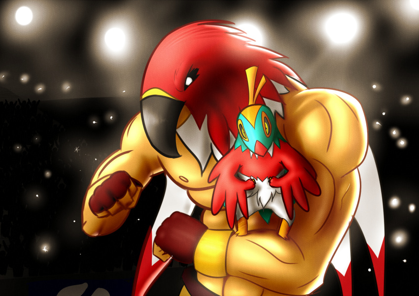 animal_humanoid avian avian_humanoid beak bird_humanoid black_eyes clothed clothing crowd fatal_fury feathers garou:_mark_of_the_wolves generation_6_pokemon green_body green_feathers group hawlucha hi_res humanoid king_of_fighters luchador male nakedsav nintendo pokemon pokemon_(species) red_body red_feathers snk tizoc topless topless_male white_body white_feathers wrestler