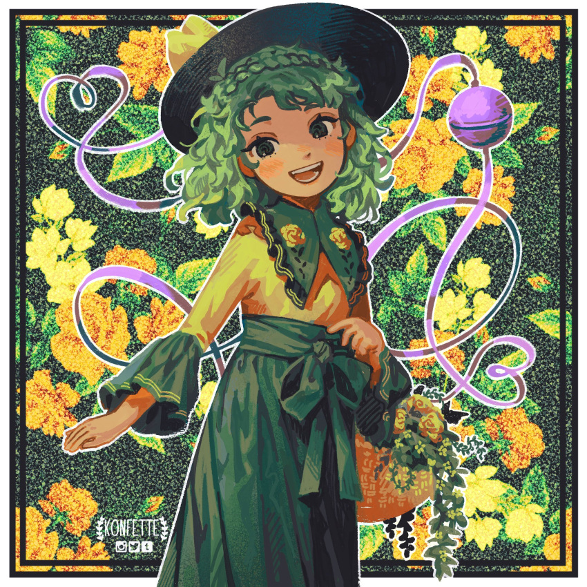 :d adapted_costume anniversary artist_name black_hat braid cowboy_shot female flat_chest floral_background floral_print french_braid frilled_shirt_collar frills green_eyes green_hair green_skirt hat heart heart_of_string highres k0nfette komeiji_koishi long_sleeves looking_at_viewer medium_hair outline shirt skirt smile solo third_eye touhou white_outline yellow_shirt