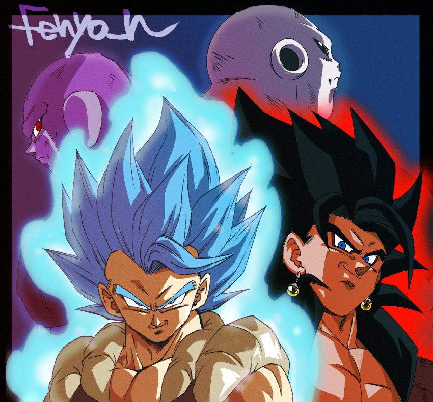 4boys alien artist_name aura bald black_border black_hair blue_eyes blue_hair border closed_mouth commentary_request dragon_ball dragon_ball_heroes earrings fenyon gogeta highres hit_(dragon_ball) jewelry jiren looking_at_viewer male_focus metamoran_vest monkey_boy multiple_boys pectoral_cleavage pectorals potara_earrings red_fur signature smile smirk spiked_hair super_saiyan super_saiyan_4 super_saiyan_blue vegetto vegetto_(xeno)