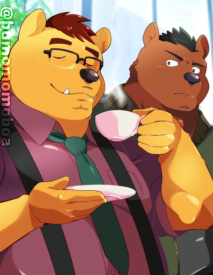 2022 anthro bear black_nose brown_body bumomomoboa closed_eyes clothing container cup cute_fangs duo eyewear glasses hi_res humanoid_hands kemono male mammal necktie overweight overweight_male shirt suspenders topwear