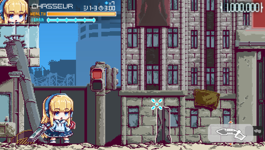 blonde_hair blue_eyes blue_hairband blue_skirt blunt_bangs building crack cracked_floor daidou_(yuyu_nerica) female freedom_wars gameplay_mechanics hairband health_bar highres holding holding_weapon long_hair medibang_paint_(medium) open_mouth outdoors pixel_art post-apocalypse silhouette skirt solo standing traffic_light weapon