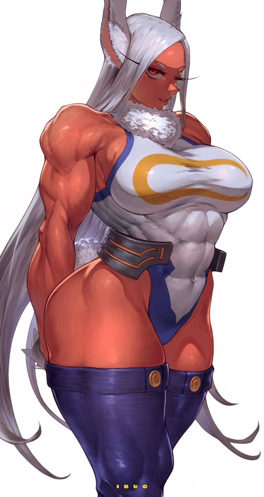 abs animal_humanoid breasts clothing dark_body dark_skin female hair hi_res humanoid ibuo lagomorph lagomorph_humanoid legwear leotard leporid_humanoid long_hair looking_at_viewer mammal mammal_humanoid muscular muscular_female my_hero_academia rabbit_humanoid red_eyes rumi_usagiyama scut_tail short_tail simple_background solo tail thick_thighs thigh_highs white_hair