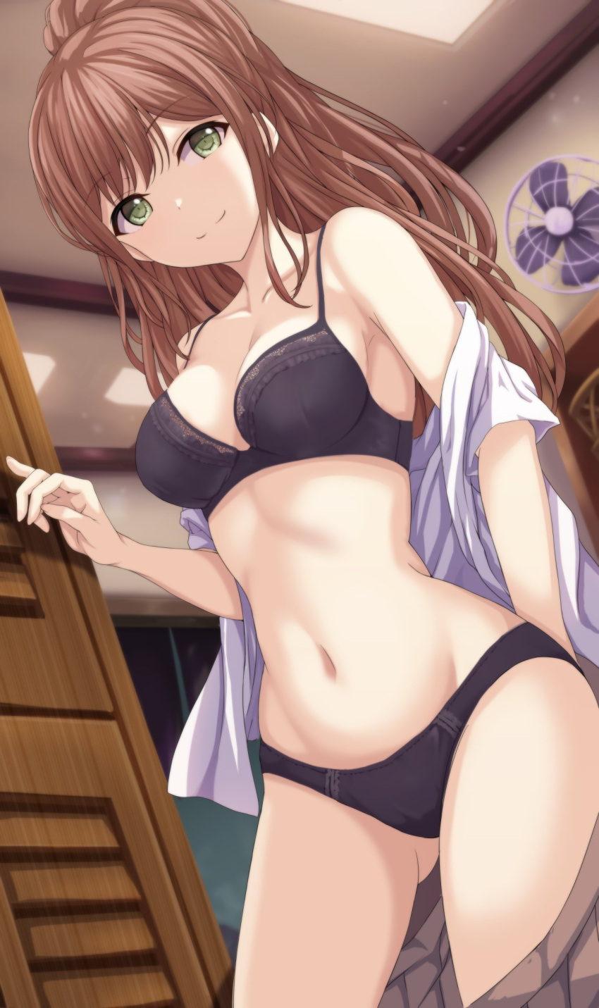 ass_visible_through_thighs bad_id bad_twitter_id bang_dream! bare_shoulders black_bra black_panties bra breasts brown_hair brown_skirt closed_mouth clothes_pull collarbone cowboy_shot female green_eyes highres imai_lisa long_hair looking_at_viewer medium_breasts narafume navel off_shoulder open_clothes open_shirt panties ponytail shirt skirt skirt_pull smile solo spaghetti_strap stomach thighs underwear white_shirt