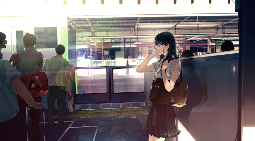 black_hair bow headphones long_hair maeda_mic male original school_uniform train