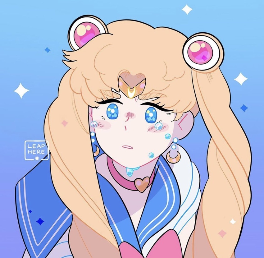 bishoujo_senshi_sailor_moon bishoujo_senshi_sailor_moon_s blonde_hair blue_background blue_eyes blue_sailor_collar blush_stickers choker commentary crescent crescent_earrings derivative_work earrings female gradient_background hair_ornament heart heart_choker jewelry leaphere long_hair magical_girl meme parted_lips pink_choker purple_background sailor_collar sailor_moon sailor_moon_redraw_challenge_(meme) sailor_senshi_uniform screenshot_redraw shirt signature solo tears tsukino_usagi twintails upper_body white_shirt