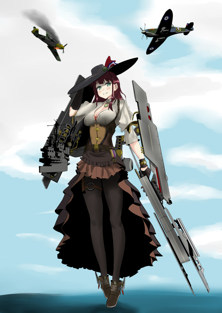 absurdres aircraft airplane aninju6657 asymmetrical_gloves belt black_pantyhose blush breasts brown_skirt cleavage cloud corset day female formidable_(warship_girls_r) gloves green_eyes grin hat high-low_skirt highres holding holding_weapon jewelry korean_commentary long_hair o-ring outdoors pantyhose red_hair ribbon rigging skirt sky smile smoke solo steampunk thigh_strap underbust uneven_gloves vial warship_girls_r water weapon