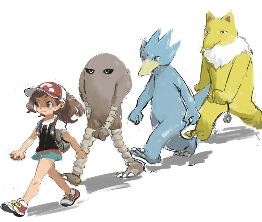 absurd_res ambiguous_gender anthro clothed clothing elaine_(pokemon) female footwear generation_1_pokemon golduck group hat head_gem headgear headwear hi_res hitmonlee humanoid hypno_(pokemon) nintendo pendulum perokisu pokemon pokemon:_let's_go pokemon_(species) shoes simple_background walking white_background