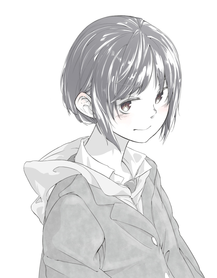 12_graka blush brown_eyes coat commentary female greyscale highres hood hoodie monochrome original school_uniform short_hair solo spot_color white_background