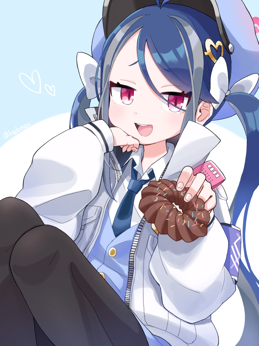 absurdres antenna_hair blue_archive blue_hair blue_necktie blush bow doughnut female food fubuki_(blue_archive) grey_hair hair_between_eyes hair_ornament hairbow hairclip hat heart heart_hair_ornament high_collar highres holding holding_food jacket long_hair long_sleeves looking_at_viewer marui_kado multicolored_hair necktie open_mouth pantyhose red_eyes school_uniform shirt simple_background solo streaked_hair twintails twitter_username two-tone_background very_long_hair white_bow white_jacket white_shirt