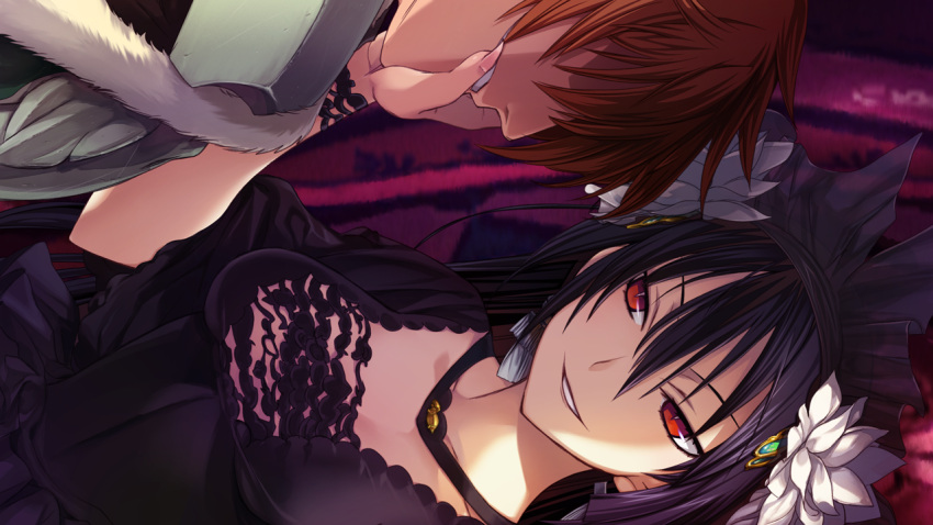 1boy black_dress black_hair bracelet breasts brown_hair cleavage collarbone dress female game_cg grin hair_between_eyes hair_ornament jewelry long_hair medium_breasts miracle_tou orion_(orionproject) rance rance_(series) rance_ix red_eyes short_hair short_sleeves smile