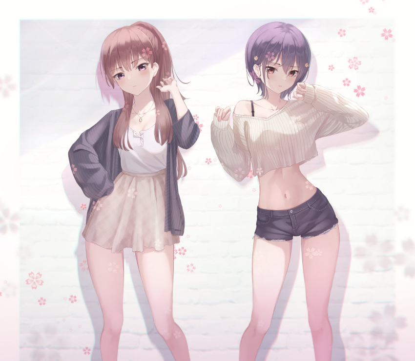 2girls baba_shiori bare_shoulders black_hair black_jacket black_shorts bra_strap brown_hair casual closed_mouth collarbone crop_top crop_top_overhang cutoffs denim denim_shorts expressionless grey_sweater hair_ornament hands_up high-waist_skirt highres jacket jewelry long_hair long_sleeves looking_at_viewer marinesnow midriff miniskirt mizuno_ai multiple_girls navel necklace off-shoulder_sweater off_shoulder open_clothes open_jacket ponytail purple_eyes ribbed_sweater shirt shirt_tucked_in short_hair short_shorts shorts simple_background skirt standing stomach sweater thighs white_background white_shirt white_skirt zombie_land_saga