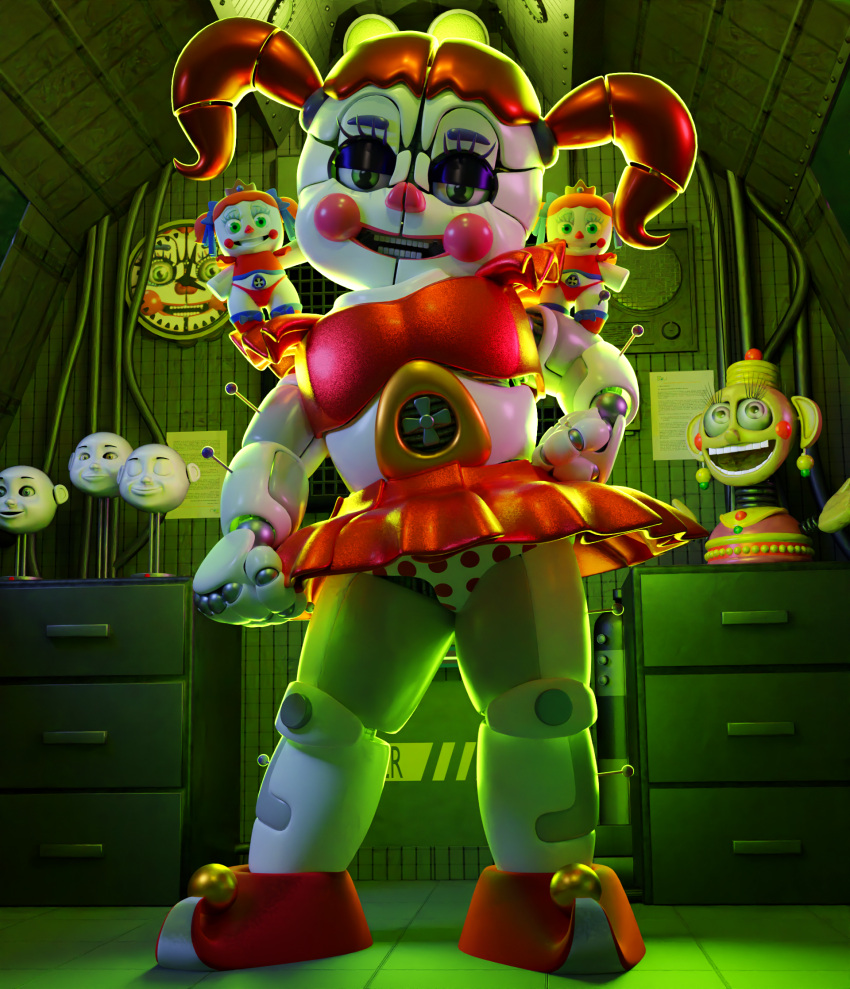 3d 3d_(artwork) baby_(fnafsl) blender blender_(software) blender_cycles circus_baby circus_baby_(fnaf) crown female female_only five_nights_at_freddy's five_nights_at_freddy's:_help_wanted five_nights_at_freddy's:_sister_location green_eyes looking_at_viewer m0nk3y orange_hair panties plush_baby plushie pose robot robot_girl scottgames sister_location skirt