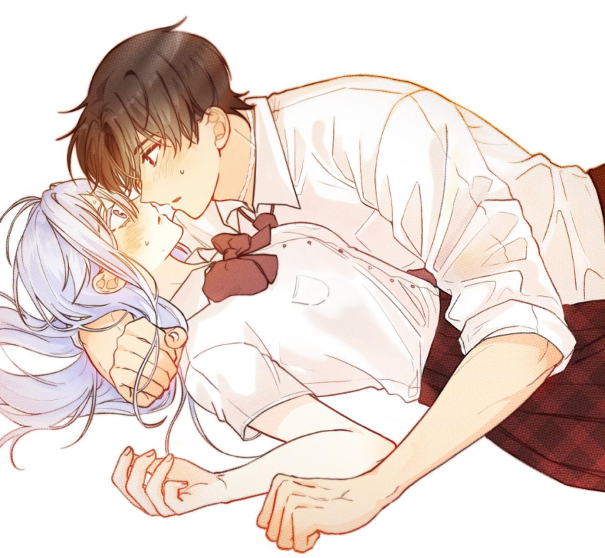 1boy1girl 1girl1boy 86_-eightysix- blue_eyes blue_hair blush brown_eyes brown_hair clothed couple long_blue_hair love on_floor on_the_floor on_the_ground pre_sex romance romantic_couple safe_for_work school_uniform schoolgirl seogog02 short_brown_hair white_background wholesome_sex