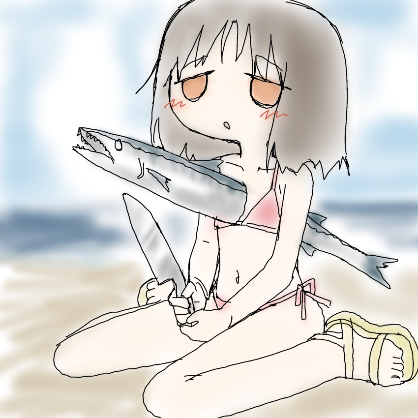 blurry blurry_background blush fish highres holding holding_knife knife mackerel_(fish) original sandals short_hair sitting swimsuit tsukumizu_yuu wariza