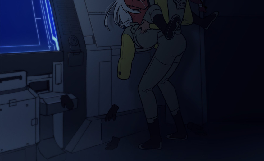 2girls bodysuit boots carrying carrying_person commentary_request gloves grey_bodysuit gundam gundam_suisei_no_majo highres indoors lelioz miorine_rembran multiple_girls night spacesuit suletta_mercury unworn_gloves white_hair yuri