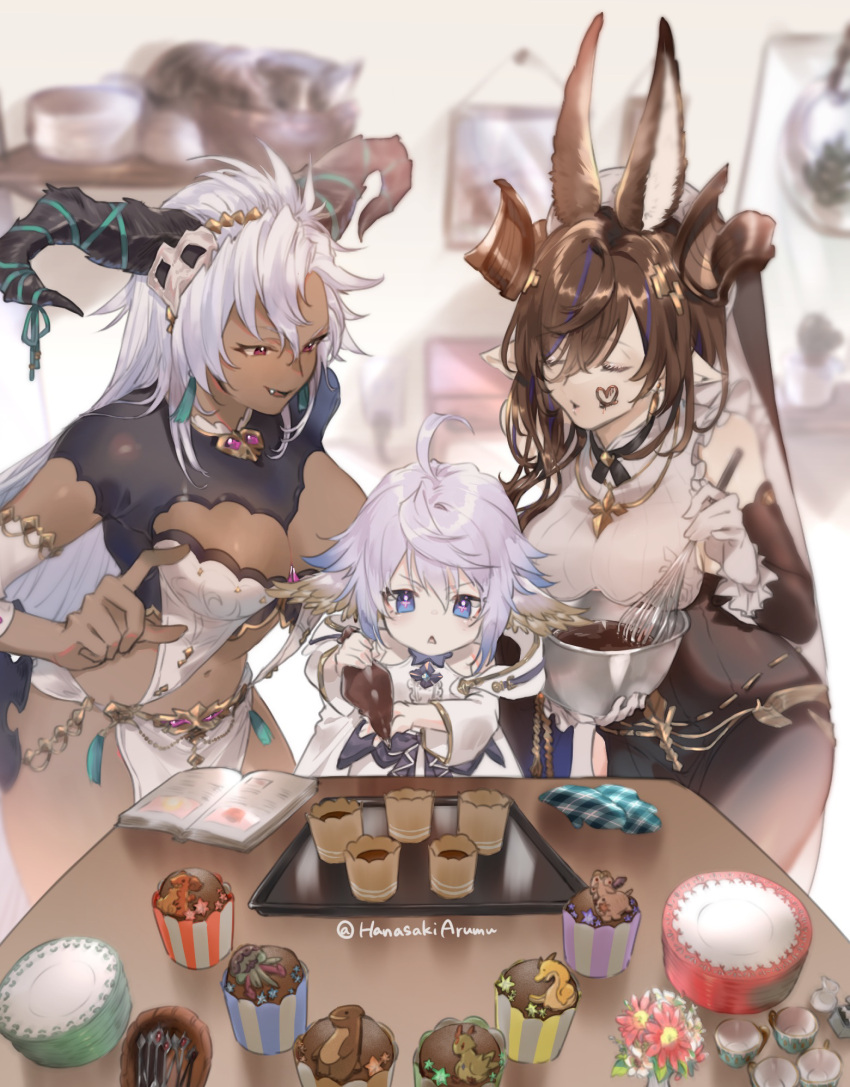 +_+ 3girls ahoge animal_ears arumu baking_sheet blue_eyes blurry blurry_background book bowl breasts brown_hair chocolate_making cleavage cleavage_cutout closed_eyes clothing_cutout cup cupcake dark-skinned_female dark_skin detached_sleeves dress fediel_(granblue_fantasy) food food_on_face galleon_(granblue_fantasy) gloves granblue_fantasy hagoromo highres holding holding_pastry_bag holding_whisk horns large_breasts long_hair medium_breasts multicolored_hair multiple_girls navel oerba_yun_fang oven_mitts pastry_bag plate pointy_ears red_eyes shawl short_hair sidelocks sleeveless sleeveless_dress smile standing streaked_hair table teacup triangle_mouth twitter_username veil wamdus_(granblue_fantasy) whisk white_gloves white_hair