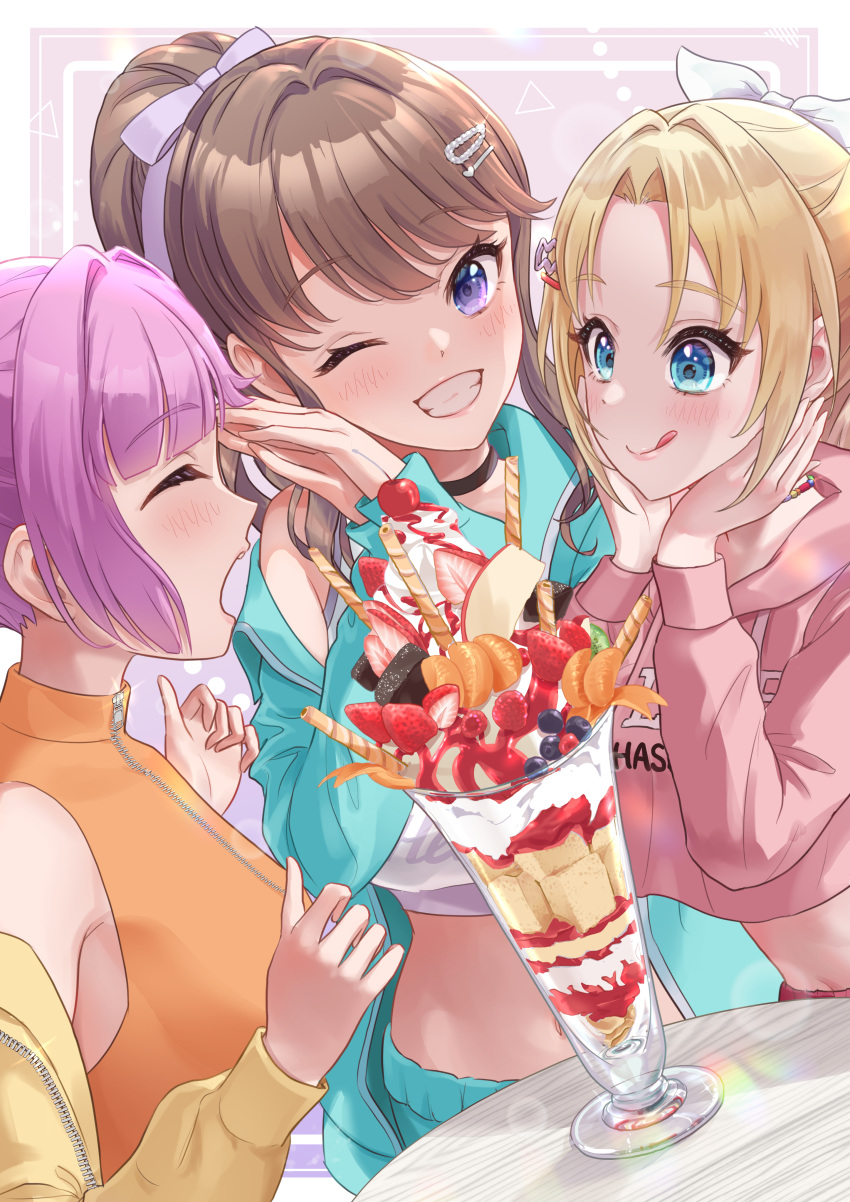 3girls :q ;d absurdres anyoji_hime aqua_jacket blonde_hair blue_eyes blueberry blunt_bangs blush border breasts brown_hair cherry closed_eyes closed_mouth commentary cropped_hoodie don_quijote_(store) food fruit fujishima_megumi grin hair_ribbon hands_on_own_cheeks hands_on_own_face highres hood hoodie jacket kobassy link!_like!_love_live! long_hair long_sleeves love_live! medium_breasts midriff mira-cra_park! multiple_girls navel off_shoulder official_alternate_costume official_alternate_hairstyle one_eye_closed open_clothes open_jacket open_mouth orange_(fruit) orange_slice osawa_rurino outside_border palms_together pink_hair ponytail purple_background purple_eyes purple_ribbon ribbon shirt sidelocks sleeveless sleeveless_shirt smile sports_bra strawberry strawberry_parfait strawberry_slice teeth tongue tongue_out triangle_mouth upper_body virtual_youtuber wafer_stick whipped_cream white_border white_sports_bra yellow_jacket