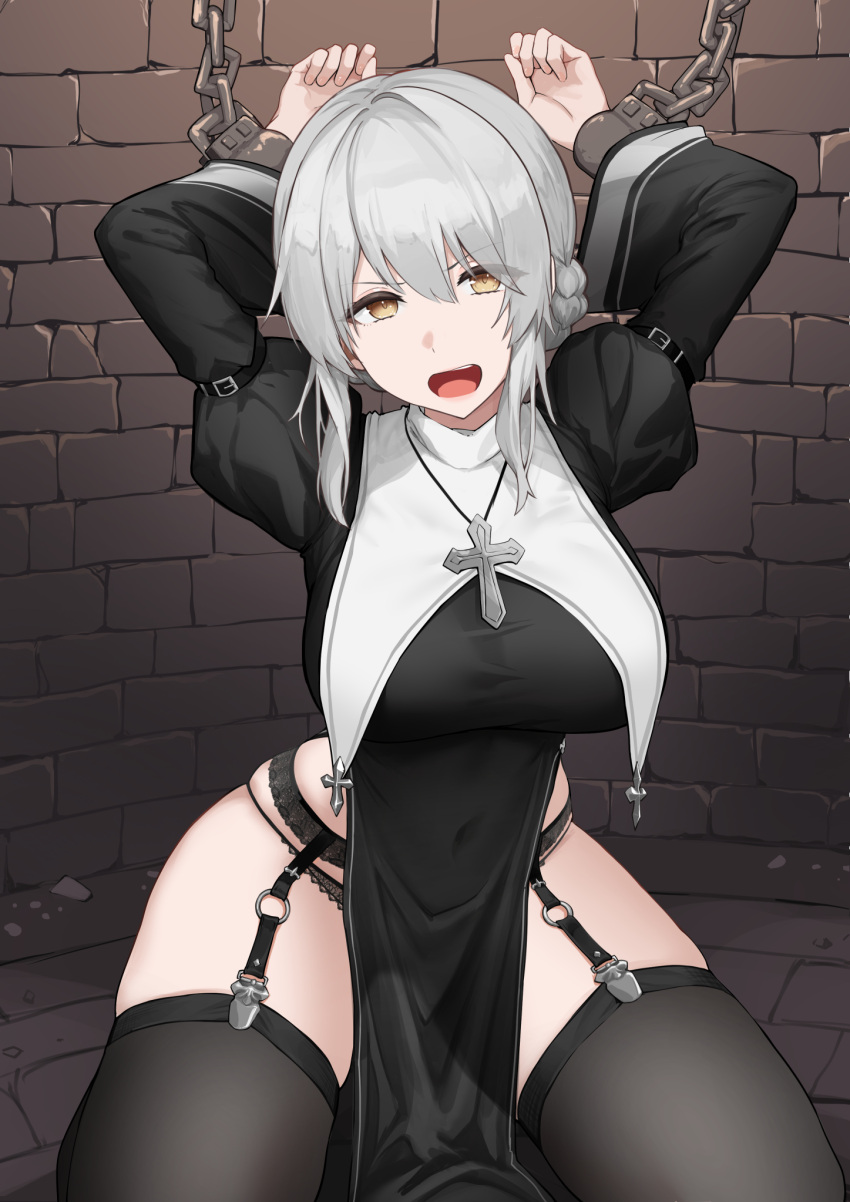 arms_up black_dress black_panties black_thighhighs bound breasts brick_wall chains commission covered_navel cowboy_shot cross cross_necklace cuffs dress female garter_straps grey_hair highres impossible_clothes impossible_dress indoors jewelry juliet_sleeves large_breasts long_sleeves looking_at_viewer nape_braid necklace nun open_mouth oregano_(olgn_eao) original panties pelvic_curtain pixiv_commission puffy_sleeves see-through_silhouette short_hair sidelocks sitting skindentation solo string_panties thighhighs underwear v-shaped_eyebrows yellow_eyes