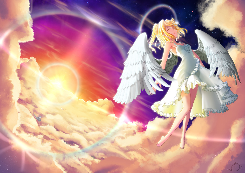 above_clouds absurdres angel angel_wings artist_logo bare_legs bare_shoulders barefoot blonde_hair breasts closed_eyes cloud commentary_request dress feathered_wings female flying frilled_dress frills full_body halo head_back highres kekka0820 knees_together_feet_apart medium_breasts medium_hair open_mouth original sky sleeveless sleeveless_dress solo star_(sky) starry_sky sun sunset toes white_dress white_wings wings