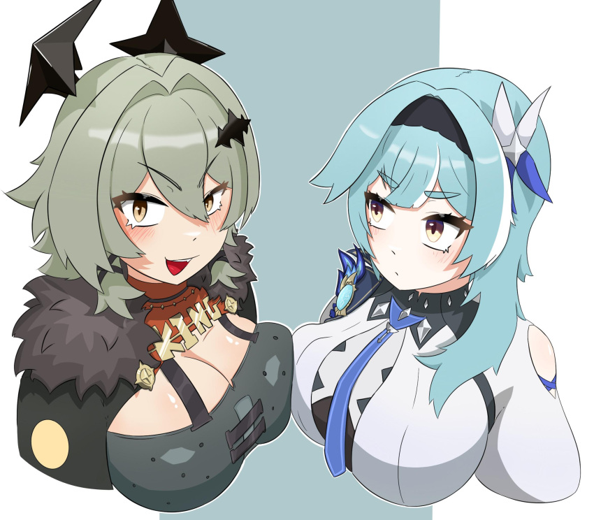 2girls :d asymmetrical_docking bare_shoulders black_hairband blue_hair blue_necktie blush breast_press breasts caesar_king_(zenless_zone_zero) cleavage clothing_cutout commentary eula_(genshin_impact) fur_trim genshin_impact grey_eyes grey_hair hair_intakes hair_ornament hairband highres large_breasts looking_at_viewer mihoyo multiple_girls necktie open_mouth satou_rina scrapabidoopimpaff shirt short_hair shoulder_cutout smile upper_body v-shaped_eyebrows voice_actor_connection white_shirt yellow_eyes zenless_zone_zero