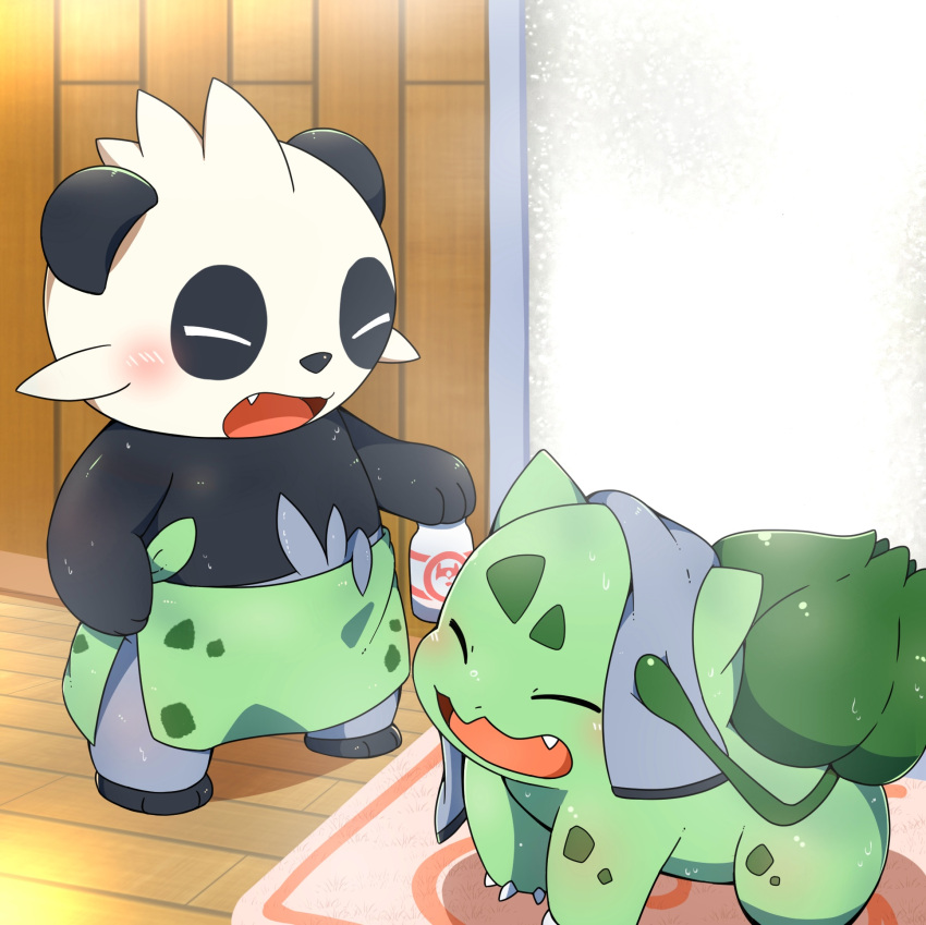 anthro blush bulbasaur duo feral generation_1_pokemon generation_6_pokemon hi_res male nintendo pancham pokemon pokemon_(species) sauna smile tatu_wani_(artist) towel