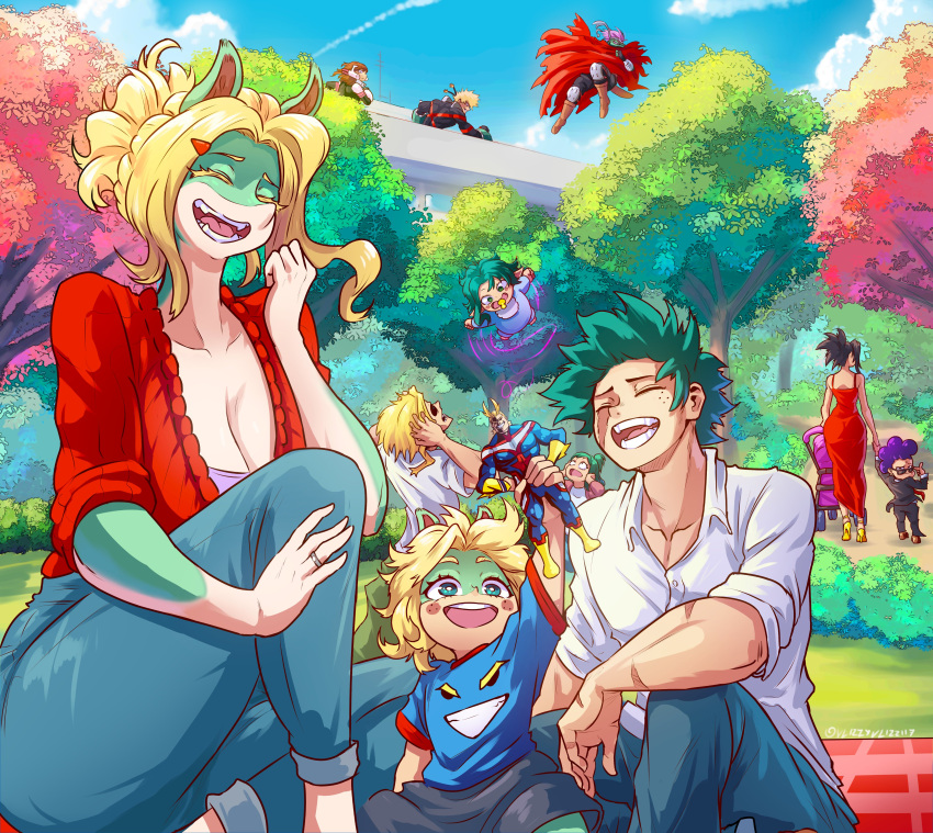 2others 4girls 5boys ^_^ absurdres all_might ass baby bakugou_katsuki blonde_hair blue_sky boku_no_hero_academia breasts character_doll cleavage closed_eyes colored_skin commentary_request day doll dongtan_dress dress family fangs father_and_child flying freckles good_end green_hair green_skin happy height_difference highres holding holding_doll husband_and_wife if_they_mated ippan_josei jewelry large_breasts laughing mature_female meme_attire midoriya_inko midoriya_izuku mineta_minoru mother_and_child multicolored_skin multiple_boys multiple_girls multiple_others park plunging_neckline red_dress red_sweater ring scar scar_across_eye short_hair sky sleeves_rolled_up snout spanish_commentary stroller sweater tall_female teeth two-tone_skin uraraka_ochako vlizz wedding_ring wide_hips yaoyorozu_momo