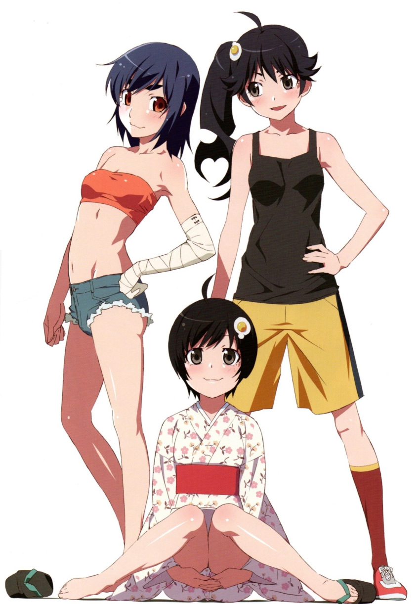 3girls :3 abs ahoge araragi_karen araragi_tsukihi arm_at_side artbook bandaged_arm bandages bandeau bare_shoulders black_footwear black_hair black_shorts black_tank_top black_trim blue_hair blue_shorts blush breasts brown_eyes closed_mouth collarbone cutoffs denim denim_shorts egg_hair_ornament floral_print floral_print_kimono food-themed_hair_ornament fried_egg groin hair_ornament hand_on_own_hip hands_under_legs highres japanese_clothes kanbaru_suruga kimono kneehighs knees_together_feet_apart light_blush long_hair looking_at_viewer looking_to_the_side midriff monogatari_(series) multiple_girls navel non-web_source obi official_art on_ground orange_bandeau parted_lips red_footwear red_sash red_socks sandals sash scan shiny_skin shoes short_hair short_shorts shorts siblings side-by-side side_ponytail simple_background single_barefoot single_vertical_stripe sisters sitting small_breasts smile sneakers socks spread_legs standing straight-on tank_top thick_eyebrows tomboy two-tone_shorts unworn_sandals very_short_hair watanabe_akio white_background white_kimono yellow_shorts yellow_trim zouri