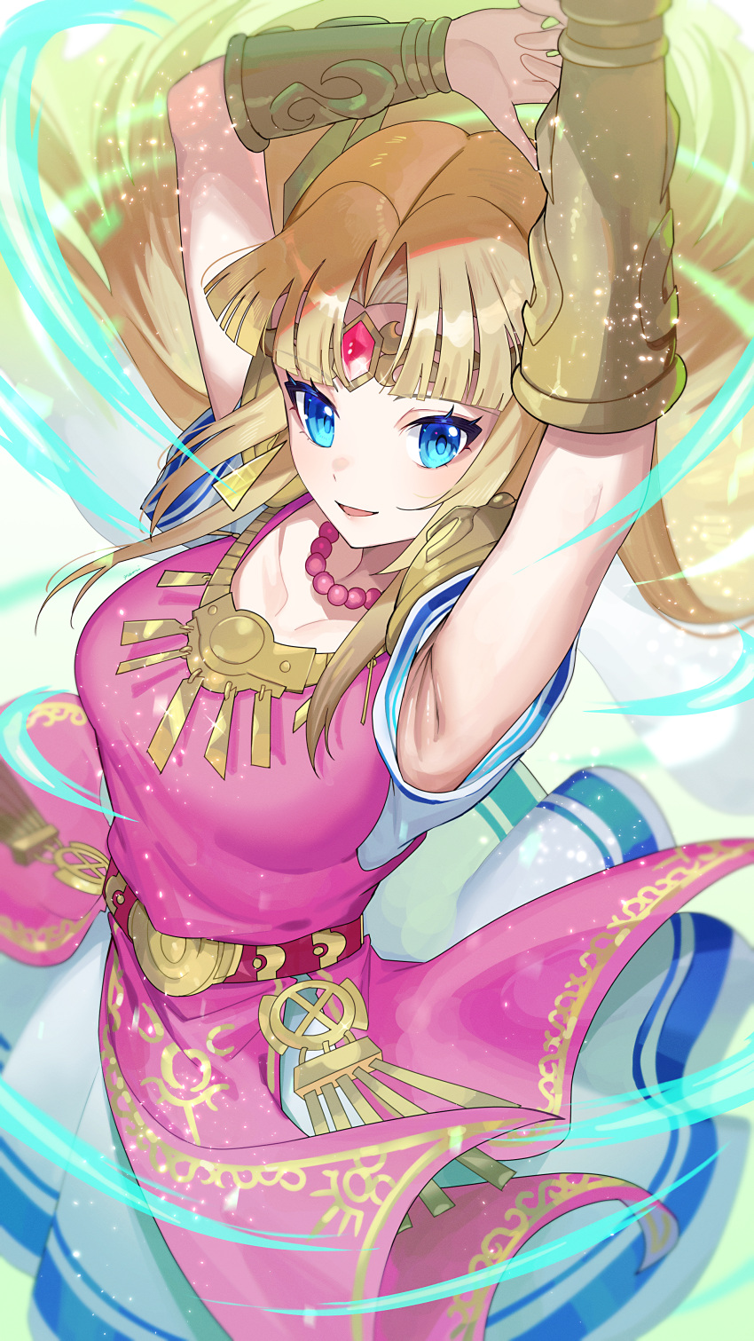 absurdres armpits arms_up belt blonde_hair blue_eyes bracelet breasts circlet commentary_request dress earrings female highres jewelry long_hair looking_at_viewer medium_breasts open_mouth pink_dress pointy_ears princess princess_zelda red_belt short_sleeves smile solo super_smash_bros. the_legend_of_zelda the_legend_of_zelda:_a_link_between_worlds triforce_earrings two-tone_dress white_dress yasaikakiage