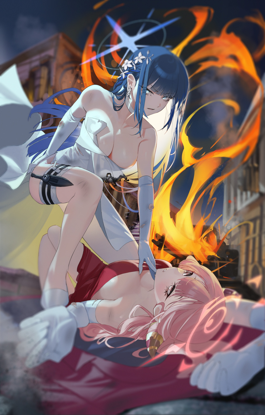 2girls absurdres arm_behind_head aru_(blue_archive) aru_(dress)_(blue_archive) bare_shoulders battle blue_archive blue_eyes blue_halo braid breasts burnt_clothes choker cleavage coat demon_horns dress dust_cloud earrings elbow_gloves feather_pen113 fire flower glaring gloves hair_flower hair_ornament halo hand_on_another's_chin highres holding holding_unworn_clothes horns jewelry knife_sheath large_breasts long_hair looking_at_viewer lying multiple_girls night night_sky on_back on_ground on_one_knee outdoors outstretched_arm pink_eyes pink_hair pink_halo pinned red_coat saori_(blue_archive) saori_(dress)_(blue_archive) scrape sheath sidelocks skindentation sky smoke thigh_sheath thigh_strap torn_clothes urban white_choker white_coat white_dress white_footwear white_gloves