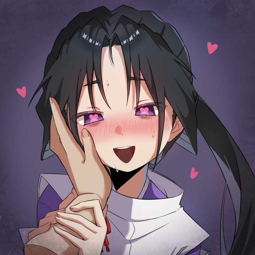 1boy :d black_hair blush bow cropped_shoulders disembodied_hand hand_on_another's_cheek hand_on_another's_face heart heart-shaped_pupils highres holding_another's_wrist houjou_tokiyuki_(nige_jouzu_no_wakagimi) japanese_clothes kariginu long_hair looking_at_viewer male_focus narrowed_eyes nige_jouzu_no_wakagimi nose_blush open_mouth parted_bangs pink_pupils ponytail pov pov_hands purple_background purple_eyes raised_eyebrows rame_angel71 sidelocks_tied_back simple_background size_difference smile solo_focus sweat symbol-shaped_pupils teeth upper_teeth_only very_long_hair vignetting wide_sleeves