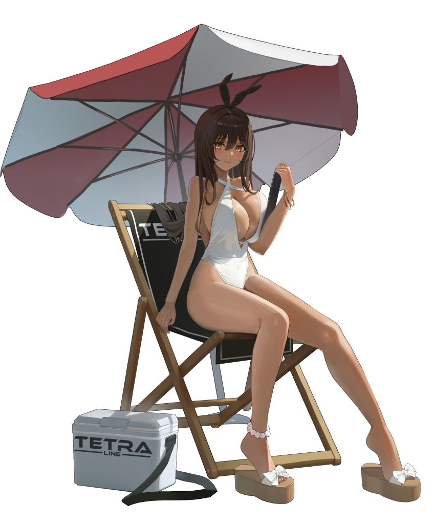 absurdres animal_ears anklet arm_support bare_shoulders beach_umbrella bracelet breast_press breasts brown_hair chair cleavage closed_mouth cooler dark-skinned_female dark_skin deck_chair english_commentary fake_animal_ears female folding_chair goddess_of_victory:_nikke hair_between_eyes hallo_(rltkdydrltk) halterneck highres holding holding_tablet_pc jewelry large_breasts long_hair looking_at_viewer noir_(nikke) one-piece_swimsuit platform_footwear rabbit_ears sandals sitting smile solo swimsuit tablet_pc umbrella very_long_hair white_background white_one-piece_swimsuit yellow_eyes