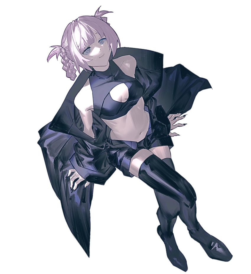 arm_support bare_shoulders black_cloak black_footwear black_nails black_shorts blunt_bangs boots braid breasts claws cleavage_cutout cloak closed_mouth clothing_cutout commentary_request crop_top crossed_legs female from_above full_body grey_eyes hair_rings highres invisible_chair long_hair looking_up matsuura_kento midriff nanakusa_nazuna_(yofukashi_no_uta) navel off_shoulder purple_hair ringed_eyes shirt short_shorts shorts simple_background sitting sleeveless sleeveless_shirt small_breasts smile solo stomach thigh_boots white_background yofukashi_no_uta