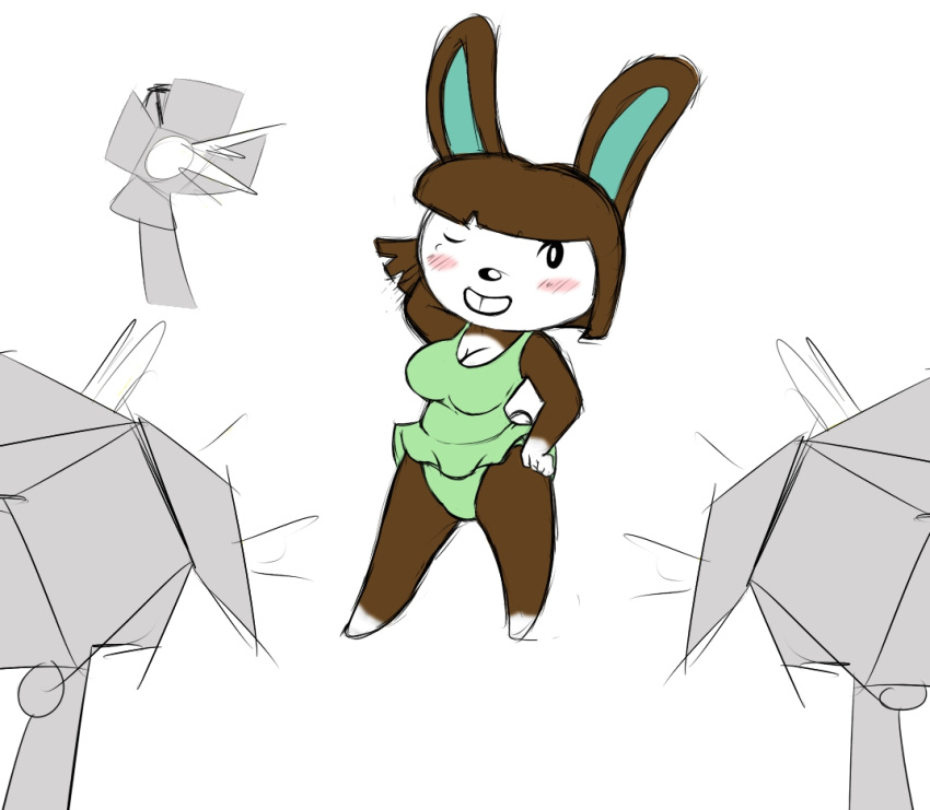 animal_crossing blush breasts brown_body brown_hair buckteeth carmen_(animal_crossing) cleavage clothed clothing female hair hand_behind_head hand_on_hip lagomorph leporid lights long_ears looking_at_viewer mammal nintendo one-piece_swimsuit one_eye_closed rabbit roy_mccloud short_hair smile solo studio swimwear tail teeth third-party_edit wink