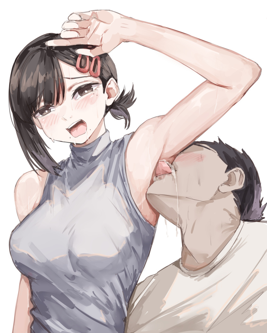 1boy absurdres arm_up armpits bare_arms bare_shoulders black_eyes black_hair breasts bright_pupils chainsaw_man commentary female grey_shirt hair_ornament hairclip higashiyama_kobeni highres large_breasts licking licking_armpit looking_at_viewer nui_gurumi open_mouth shirt short_hair simple_background sleeveless sleeveless_shirt upper_body white_background white_pupils