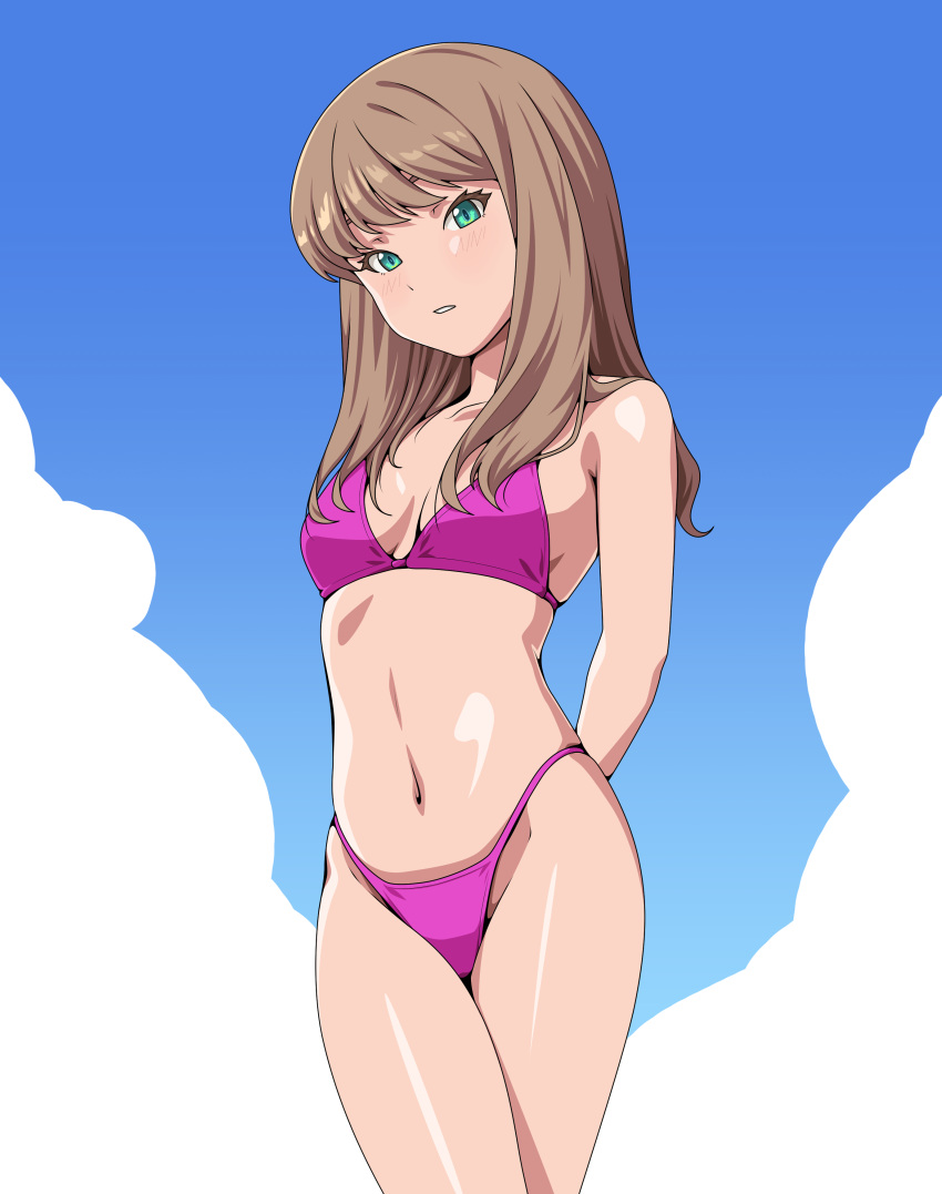 absurdres arms_behind_back bikini blue_sky breasts brown_hair cloud commentary_request cowboy_shot female fukuoka_katsumi green_eyes gridman_universe highleg highleg_bikini highres long_hair looking_at_viewer minami_yume pink_bikini sky small_breasts solo ssss.dynazenon standing swimsuit